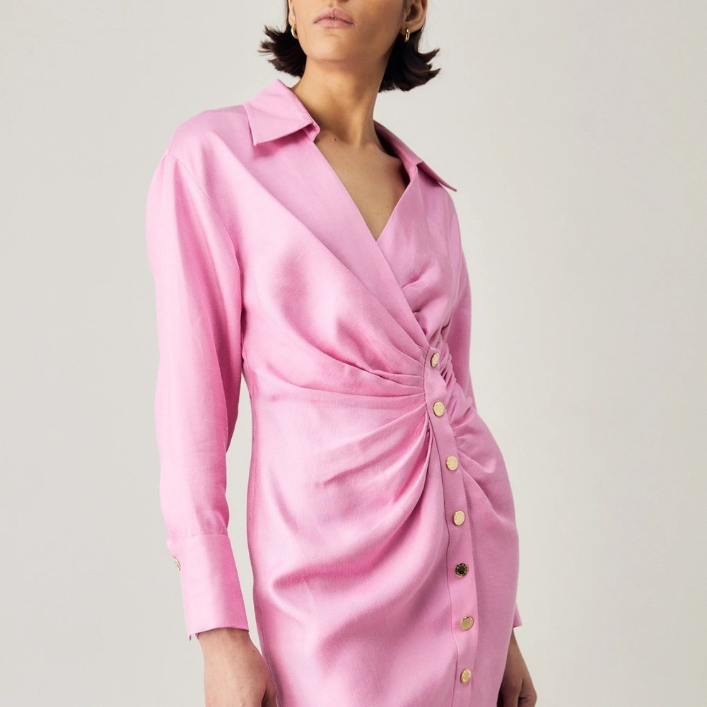 Sandro Paris Pink Linen Elvira Long Sleeve Ruched Shirt Dress - US 2 / EU 34